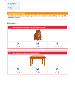 EduKIT Examen 1er Trimestre Primaria 1° | Evaluación Ilustrada y Recursos Digitales 9 Examen de español con preguntas sobre la letra inicial de «oso» y «mesa», cada una con varias opciones de respuesta.