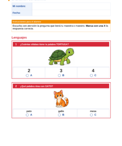 EduKIT Examen 1er Trimestre Primaria 2° | Evaluación Ilustrada y Recursos Digitales 9 Ficha de trabajo en español para niños sobre sílabas y rimas con dibujos de una tortuga, un pato, un gallo y una mesa.
