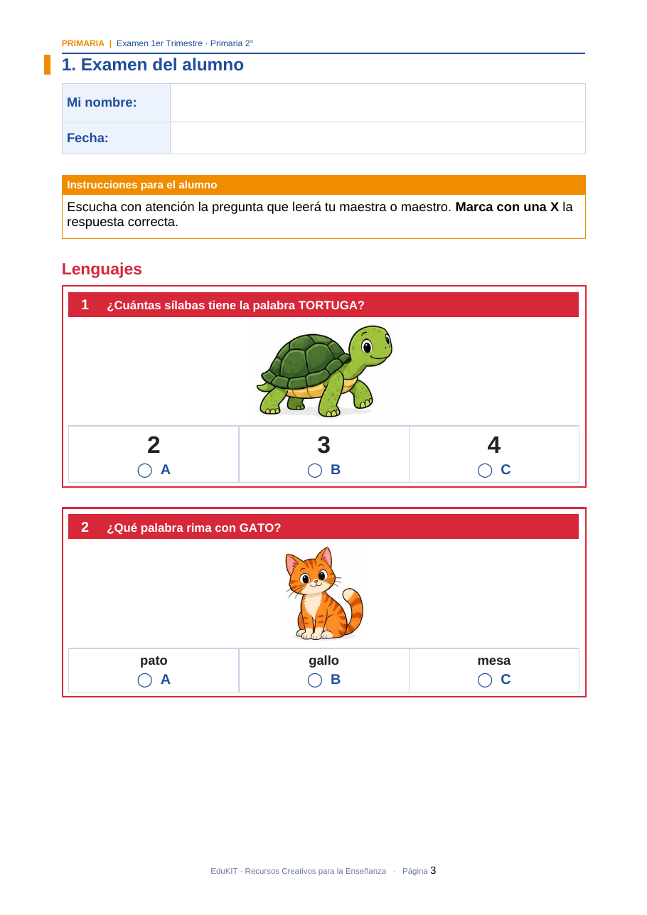 EduKIT Examen 1er Trimestre Primaria 2° | Evaluación Ilustrada y Recursos Digitales 3 Ficha de trabajo en español para niños sobre sílabas y rimas con dibujos de una tortuga, un pato, un gallo y una mesa.