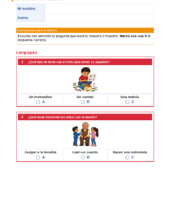 EduKIT Examen 1er Trimestre Primaria 3° | Evaluación Ilustrada y Recursos Digitales 9 Página de examen de español para primaria con preguntas ilustradas sobre lectura y actividades familiares con los abuelos.