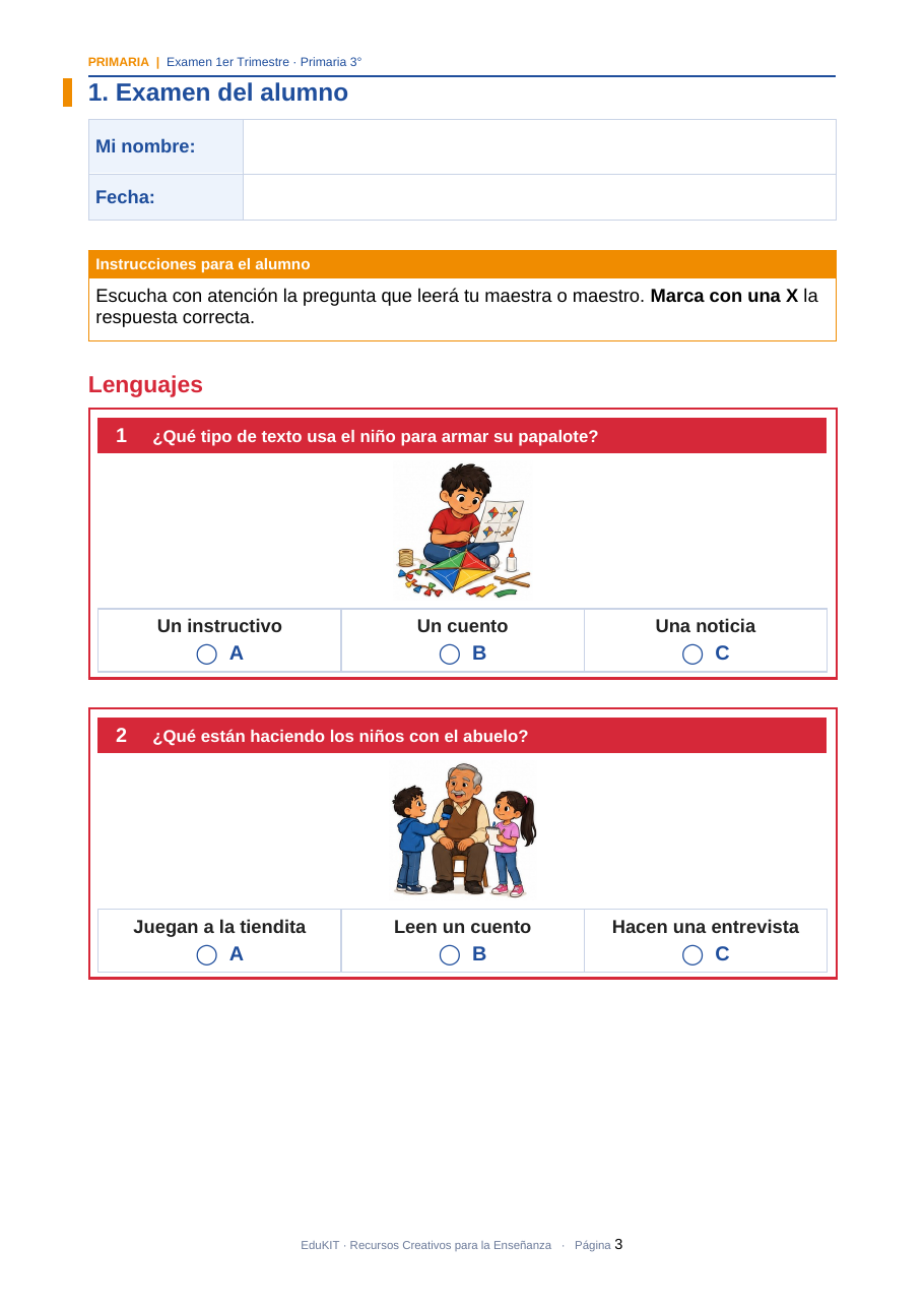 EduKIT Examen 1er Trimestre Primaria 3° | Evaluación Ilustrada y Recursos Digitales 3 Página de examen de español para primaria con preguntas ilustradas sobre lectura y actividades familiares con los abuelos.