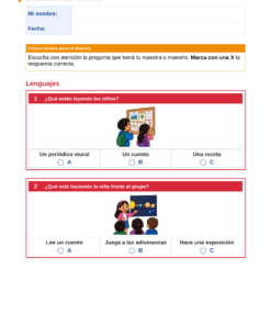 EduKIT Examen 1er Trimestre Primaria 4° | Evaluación Ilustrada y Recursos Digitales 9 Hoja de examen en español para primaria con dos preguntas ilustradas de opción múltiple y respuestas disponibles.
