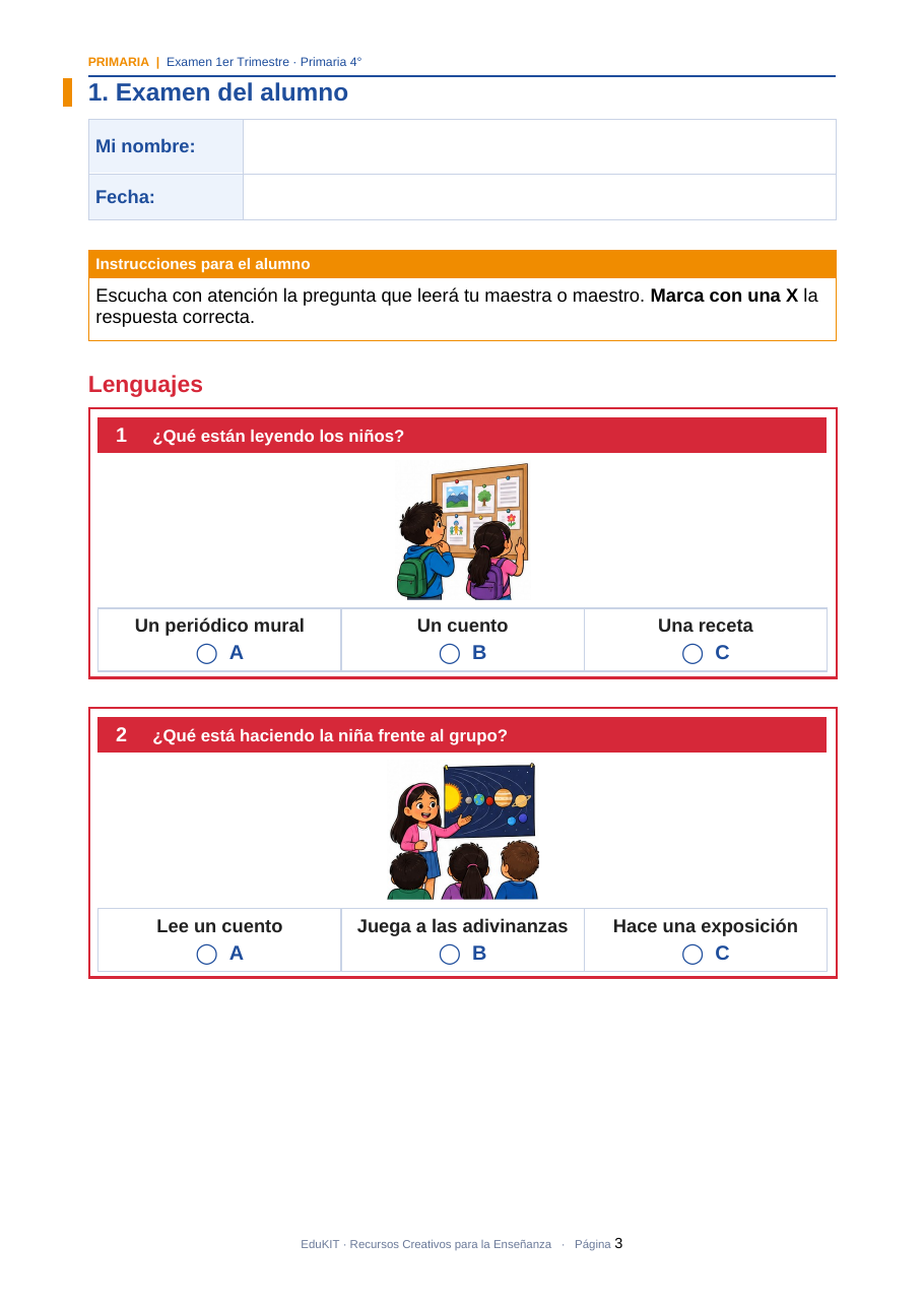 EduKIT Examen 1er Trimestre Primaria 4° | Evaluación Ilustrada y Recursos Digitales 3 Hoja de examen en español para primaria con dos preguntas ilustradas de opción múltiple y respuestas disponibles.