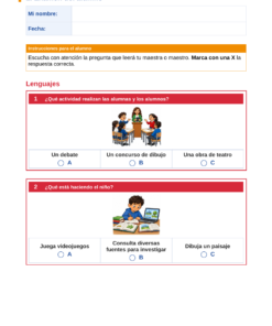 Examen 1er Trimestre Primaria 5° | Evaluación Ilustrada y Recursos Digitales 9 Hoja de examen escolar en español con preguntas sobre actividades y casillas para marcar la respuesta correcta.