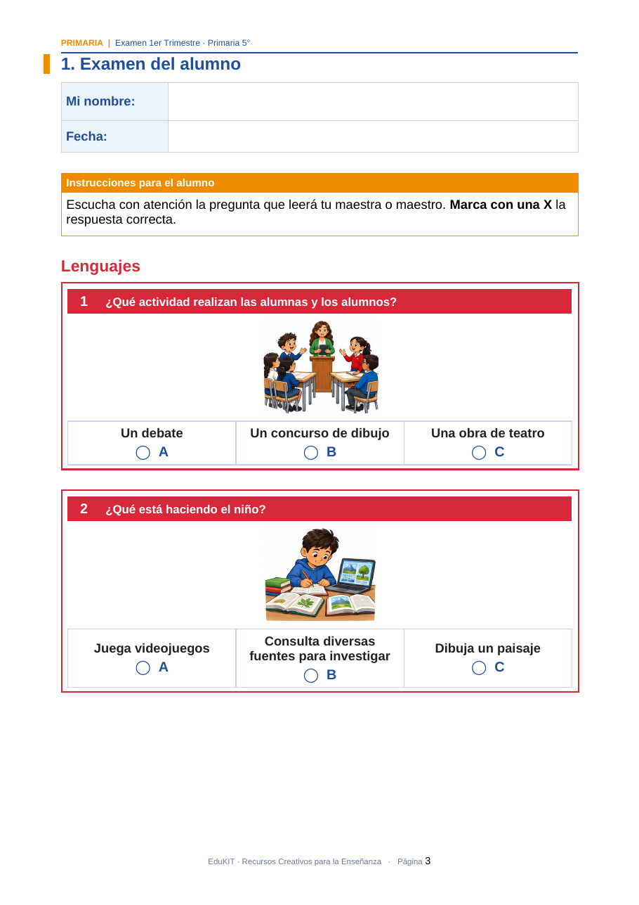 Examen 1er Trimestre Primaria 5° | Evaluación Ilustrada y Recursos Digitales 3 Hoja de examen escolar en español con preguntas sobre actividades y casillas para marcar la respuesta correcta.