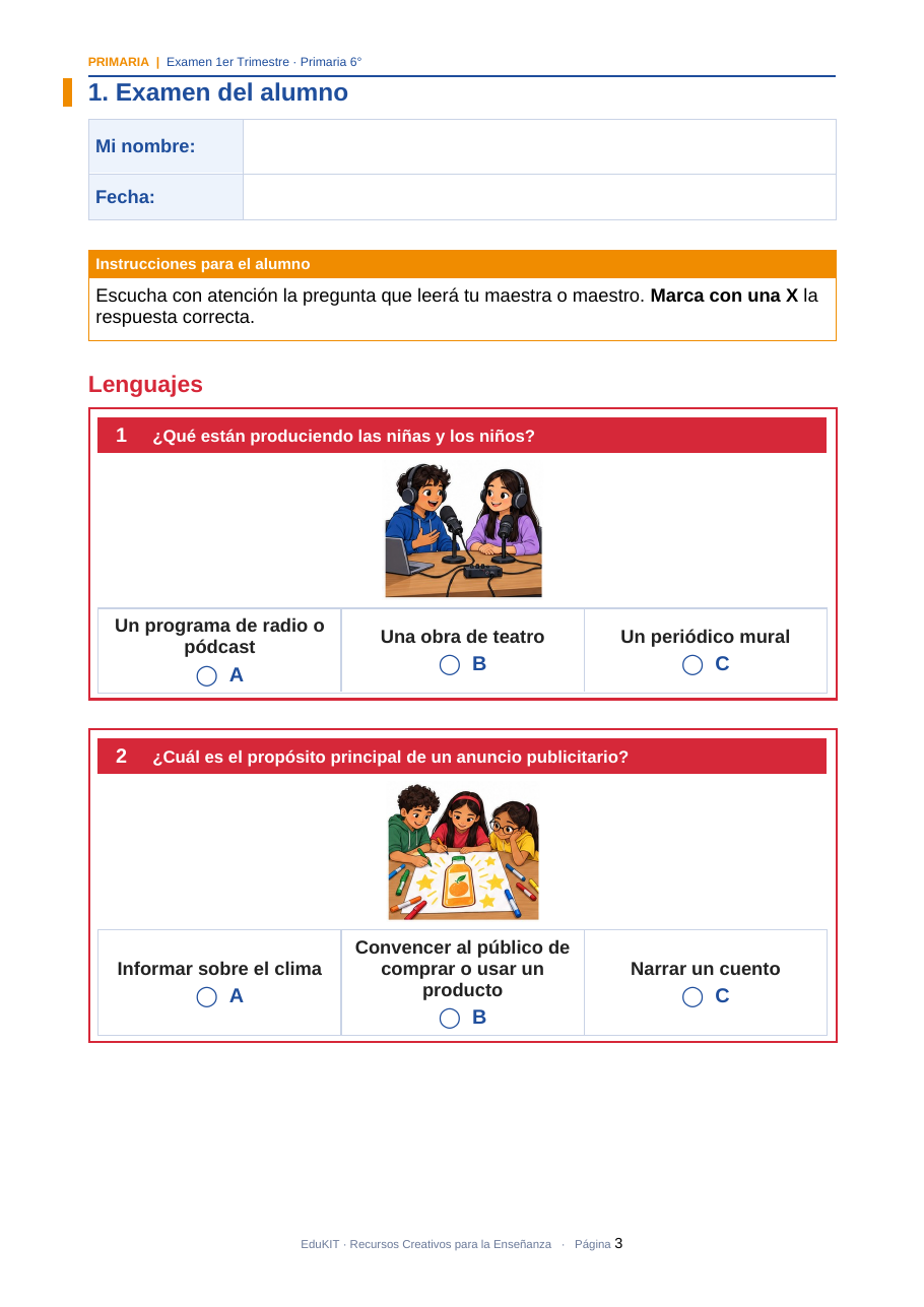 EduKIT Examen 1er Trimestre Primaria 6° | Evaluación Ilustrada y Recursos Digitales 3 Ficha de trabajo en español para primaria sobre los medios de comunicación y la publicidad, ilustrada con niños caricaturizados y con espacios para escribir el nombre y la fecha.