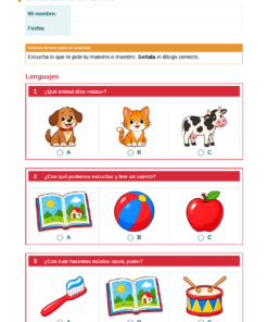 EduKIT Evaluación Intermedia Preescolar 1° | Segundo Momento NEM Fase 2 9 Ficha de trabajo en español para preescolar con preguntas ilustradas sobre animales, libros e instrumentos musicales.