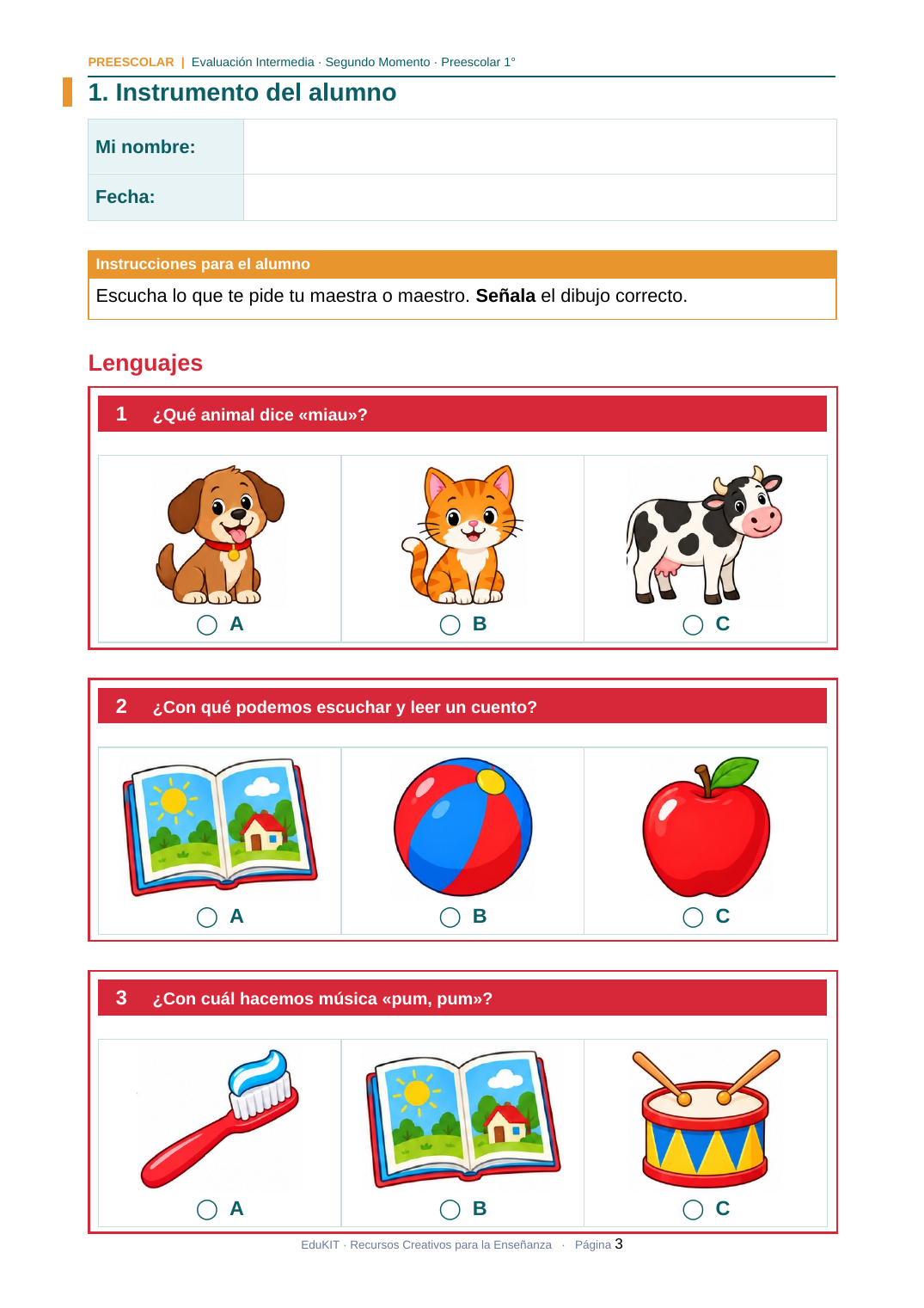 EduKIT Evaluación Intermedia Preescolar 1° | Segundo Momento NEM Fase 2 3 Ficha de trabajo en español para preescolar con preguntas ilustradas sobre animales, libros e instrumentos musicales.
