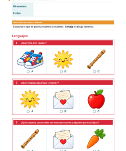 EduKIT Evaluación Intermedia Preescolar 2° | Segundo Momento NEM Fase 2 9 Hoja de actividades para niños en edad preescolar con preguntas sobre rimas, sonidos iniciales y formas de transmitir mensajes mediante imágenes.