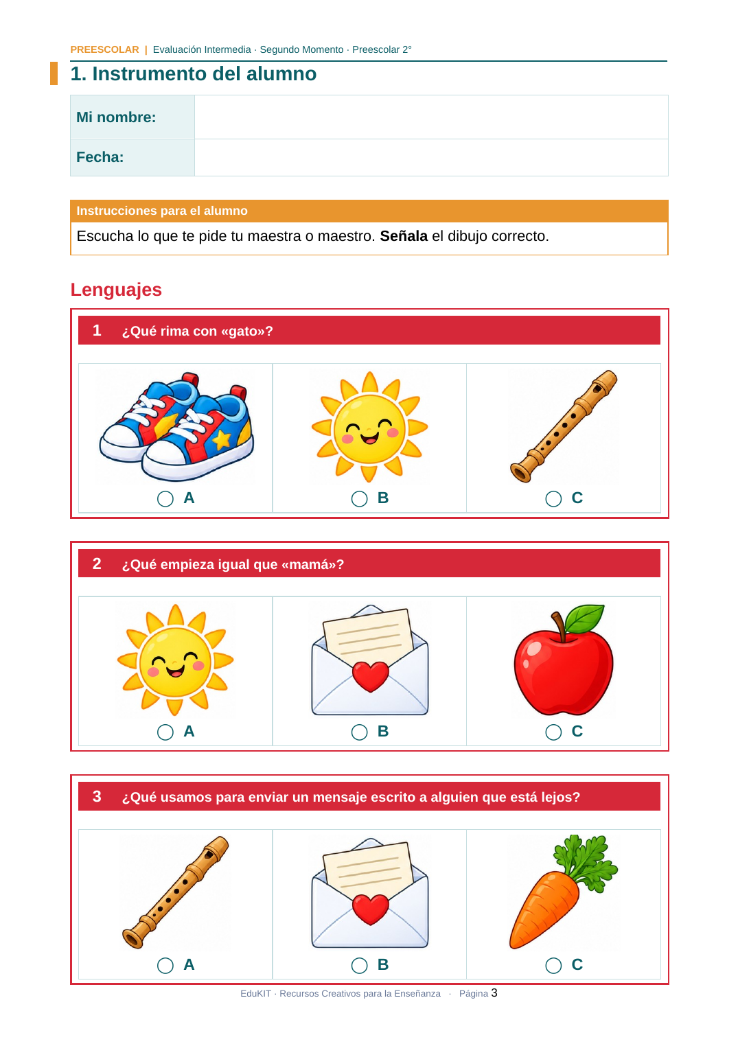 EduKIT Evaluación Intermedia Preescolar 2° | Segundo Momento NEM Fase 2 3 Hoja de actividades para niños en edad preescolar con preguntas sobre rimas, sonidos iniciales y formas de transmitir mensajes mediante imágenes.