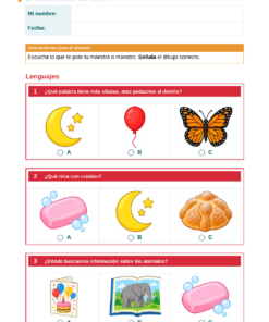 EduKIT Evaluación Intermedia Preescolar 3° | Segundo Momento NEM Fase 2 9 Ficha de ejercicios para preescolar con tres preguntas sobre sílabas, rimas y animales; opciones A, B y C ilustradas.
