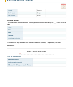 EduKIT para Reuniones con Padres de Familia | Formatos, Guiones, Presentación y Seguimiento 9 Formulario de invitación a una reunión para padres con los campos de escuela, el profesor, la fecha, la hora, el lugar y el orden del día.