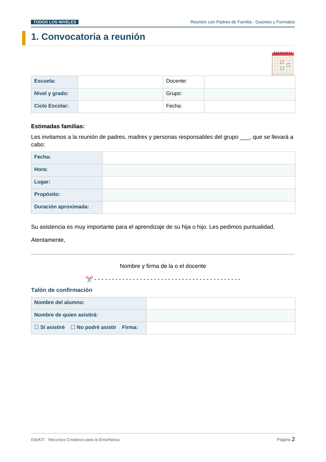 EduKIT para Reuniones con Padres de Familia | Formatos, Guiones, Presentación y Seguimiento 3 Formulario de invitación a una reunión para padres con los campos de escuela, el profesor, la fecha, la hora, el lugar y el orden del día.
