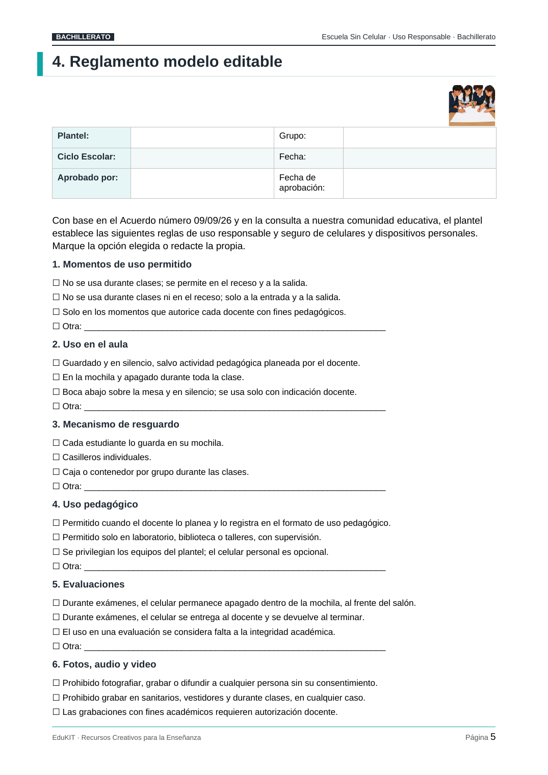 EduKIT Uso Responsable del Celular en Bachillerato | Reglamento, Consulta, Protocolos y Portal 3 Hoja de normas para el uso de teléfonos móviles en clase, con casillas, campos para rellenar y normas según la situación y la finalidad educativa.