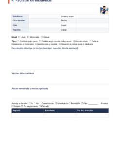 Formulario escolar para notificar incidentes; incluye los datos del alumno, los detalles, la gravedad, las medidas tomadas y las firmas.