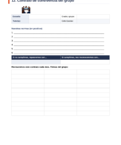 EduKIT Tutoría Secundaria 1°, 2° y 3° | Programa, Sesiones y Recursos Editable 9 Contrato escolar en español con apartados dedicados al centro educativo, al tutor, al curso, a las normas del grupo, a las consecuencias y a las firmas.