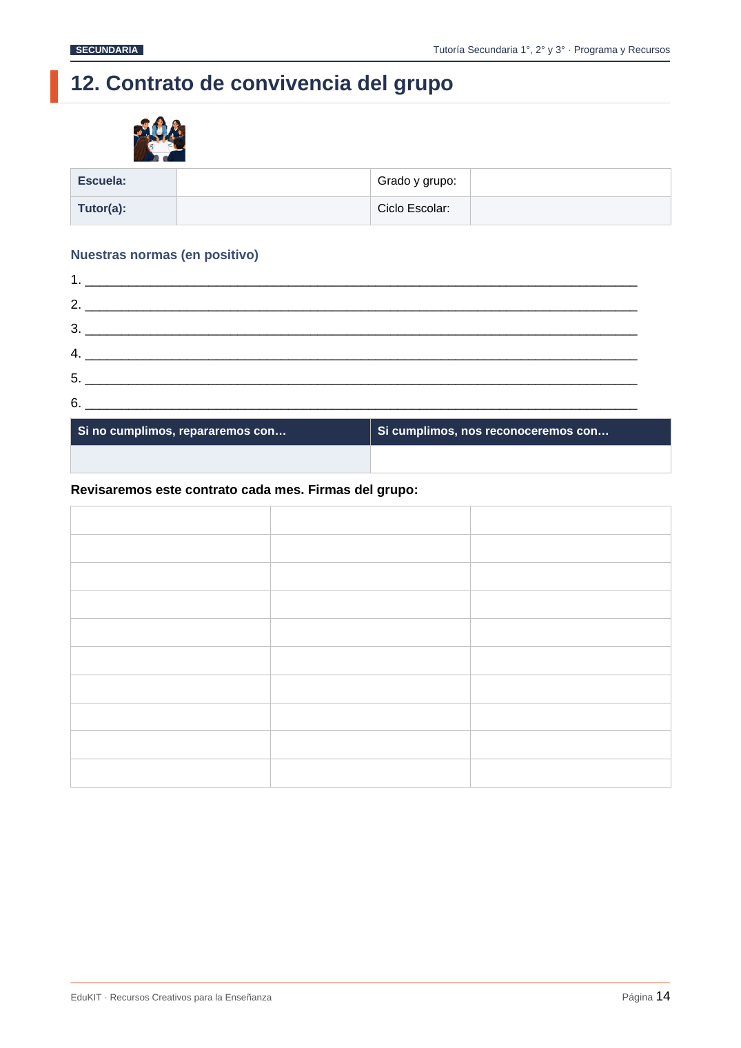 EduKIT Tutoría Secundaria 1°, 2° y 3° | Programa, Sesiones y Recursos Editable 3 Contrato escolar en español con apartados dedicados al centro educativo, al tutor, al curso, a las normas del grupo, a las consecuencias y a las firmas.