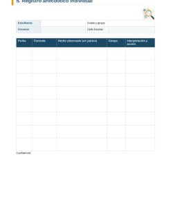 EduKIT Diario del Docente y Registro Anecdótico | Preescolar, Primaria, Secundaria y Bachillerato 9 Formulario de registro anecdótico con campos para los datos del alumno y una tabla para las observaciones, el contexto y las interpretaciones.
