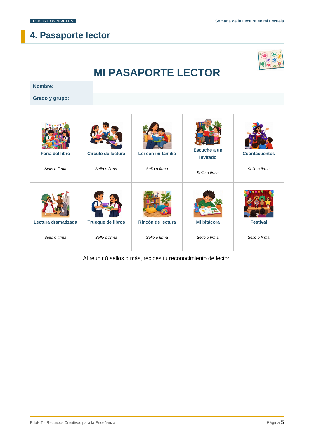 EduKIT Semana de la Lectura en mi Escuela | Actividades para Preescolar, Primaria y Secundaria 3 Hoja de registro «Mi Pasaporte Lector» con diez espacios para sellos o firmas correspondientes a actividades de lectura.
