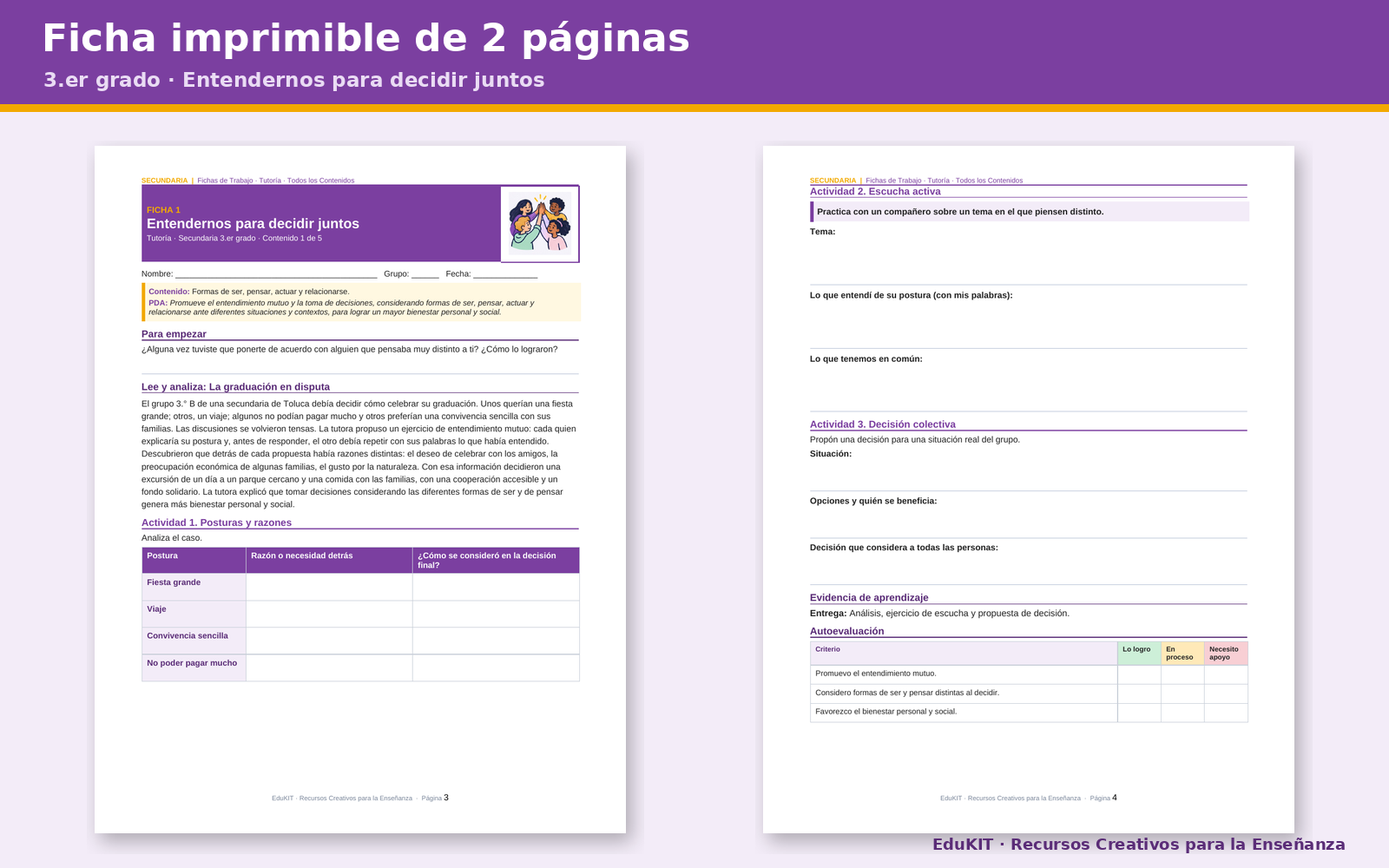 Fichas de Trabajo de Tutoría y Educación Socioemocional para Secundaria 1.°, 2.° y 3.° | 15 Fichas y los 5 Contenidos 3 Fichas de Trabajo de Tutoría y Educación Socioemocional para Secundaria 1.°, 2.° y 3.° | 15 Fichas y los 5 Contenidos - Imagen 3