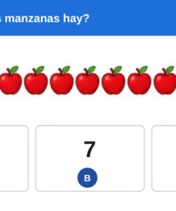 EduKIT Examen 1er Trimestre Primaria 1° | Evaluación Ilustrada y Recursos Digitales 10 Ocho emojis de manzana roja en fila. Pregunta: ¿Cuántas manzanas hay? Opciones: 5, 7, 9.