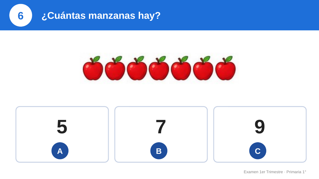 EduKIT Examen 1er Trimestre Primaria 1° | Evaluación Ilustrada y Recursos Digitales 4 Ocho emojis de manzana roja en fila. Pregunta: ¿Cuántas manzanas hay? Opciones: 5, 7, 9.