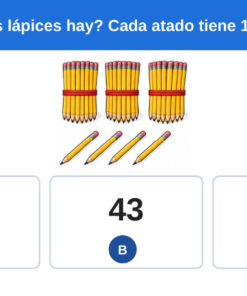 EduKIT Examen 1er Trimestre Primaria 2° | Evaluación Ilustrada y Recursos Digitales 10 Cuatro paquetes de 10 lápices y 4 lápices sueltos; opciones: 34, 43, 7. Pregunta en español cuántos hay.
