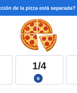 EduKIT Examen 1er Trimestre Primaria 3° | Evaluación Ilustrada y Recursos Digitales 10 Pizza dividida en cuatro porciones, con un trozo aparte, y una pregunta sobre la fracción; opciones: 1/2, 1/4, 3/4.