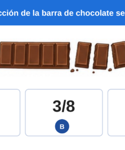 EduKIT Examen 1er Trimestre Primaria 4° | Evaluación Ilustrada y Recursos Digitales 10 Tableta de chocolate dividida en 8 trozos, 3 de ellos separados; debajo, opciones de respuesta: 5/8, 3/8 y 3/5.