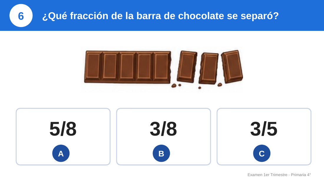 EduKIT Examen 1er Trimestre Primaria 4° | Evaluación Ilustrada y Recursos Digitales 4 Tableta de chocolate dividida en 8 trozos, 3 de ellos separados; debajo, opciones de respuesta: 5/8, 3/8 y 3/5.