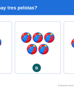 EduKIT Evaluación Intermedia Preescolar 1° | Segundo Momento NEM Fase 2 10 Tres paneles muestran pelotas de playa: el A tiene 2, el B tiene 5 y el C tiene 3. ¿Dónde hay tres pelotas? Opciones: A, B, C.