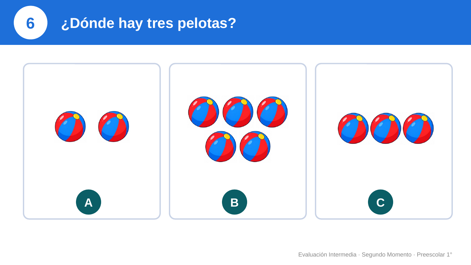 EduKIT Evaluación Intermedia Preescolar 1° | Segundo Momento NEM Fase 2 4 Tres paneles muestran pelotas de playa: el A tiene 2, el B tiene 5 y el C tiene 3. ¿Dónde hay tres pelotas? Opciones: A, B, C.