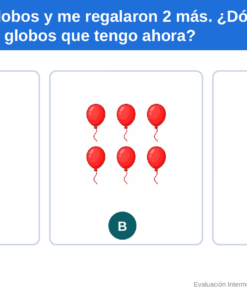 EduKIT Evaluación Intermedia Preescolar 3° | Segundo Momento NEM Fase 2 10 Tres cajas con globos rojos: la caja A tiene 3, la B tiene 5 y la C tiene 6. El texto pregunta dónde están todos después de sumar 2 más.
