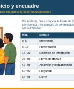 EduKIT para Reuniones con Padres de Familia | Formatos, Guiones, Presentación y Seguimiento 10 El profesor saluda a dos padres y a un alumno; el programa de la reunión incluye la bienvenida, la presentación y la clausura.