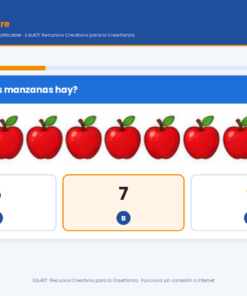 EduKIT Examen 1er Trimestre Primaria 1° | Evaluación Ilustrada y Recursos Digitales 11 Un cuestionario digital en español pregunta «¿Cuántas manzanas hay?», con seis manzanas y la opción 7 resaltada.