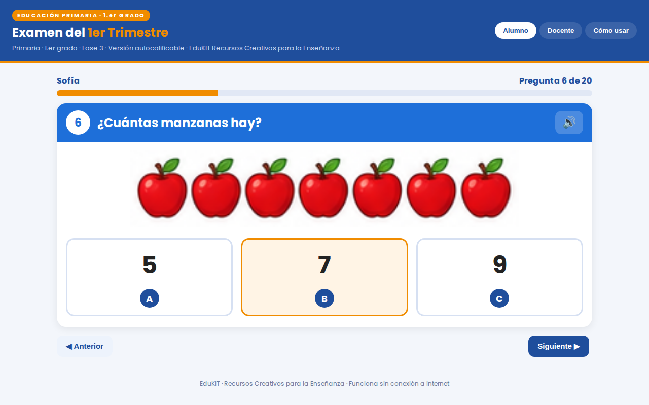 EduKIT Examen 1er Trimestre Primaria 1° | Evaluación Ilustrada y Recursos Digitales 5 Un cuestionario digital en español pregunta «¿Cuántas manzanas hay?», con seis manzanas y la opción 7 resaltada.