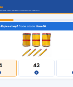 EduKIT Examen 1er Trimestre Primaria 2° | Evaluación Ilustrada y Recursos Digitales 11 Pregunta de matemáticas con seis paquetes de diez lápices, cuatro lápices sueltos y las opciones: 34, 43 y 7.