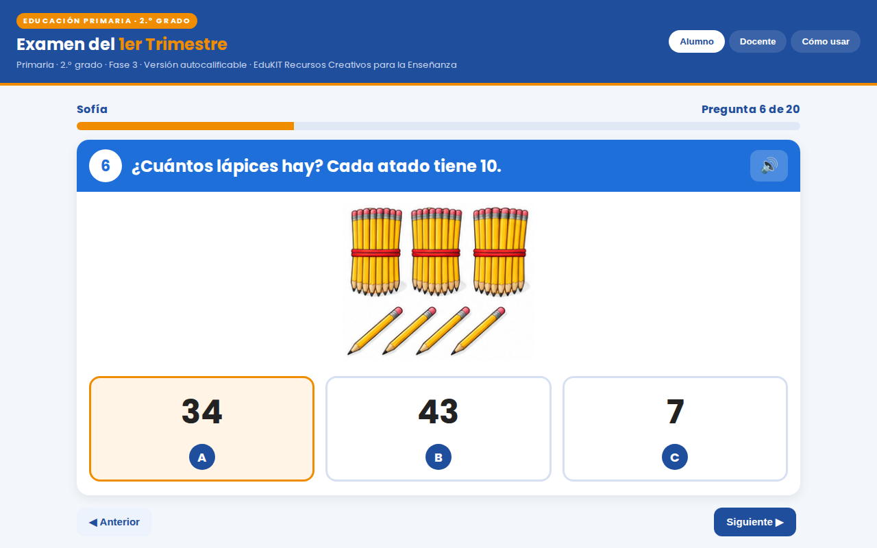 EduKIT Examen 1er Trimestre Primaria 2° | Evaluación Ilustrada y Recursos Digitales 5 Pregunta de matemáticas con seis paquetes de diez lápices, cuatro lápices sueltos y las opciones: 34, 43 y 7.