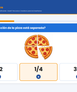 EduKIT Examen 1er Trimestre Primaria 3° | Evaluación Ilustrada y Recursos Digitales 11 Pregunta interactiva: «¿Qué fracción de la pizza está separada?» Pizza a la que le falta un trozo y opciones: 1/2, 1/4, 3/4.