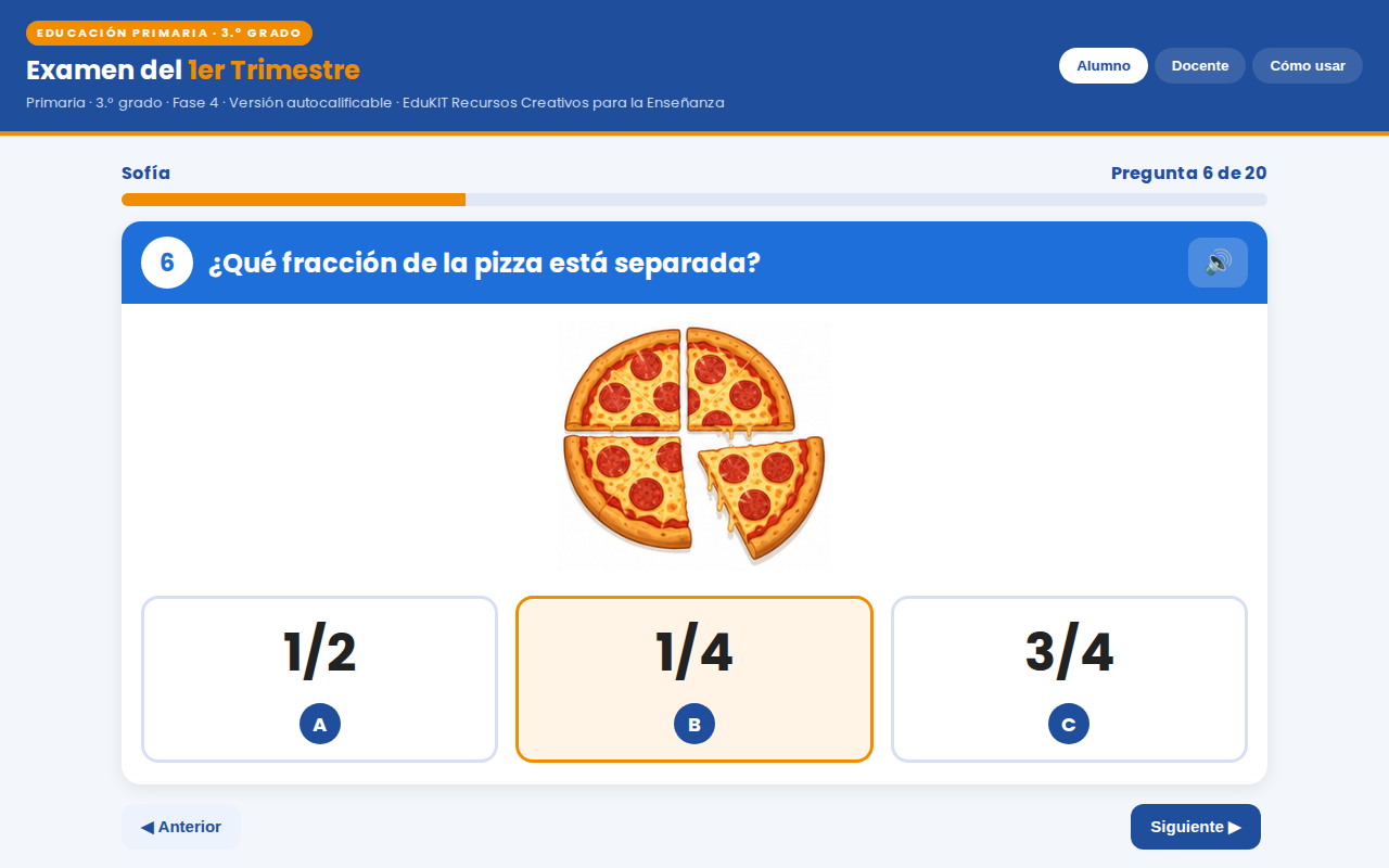 EduKIT Examen 1er Trimestre Primaria 3° | Evaluación Ilustrada y Recursos Digitales 5 Pregunta interactiva: «¿Qué fracción de la pizza está separada?» Pizza a la que le falta un trozo y opciones: 1/2, 1/4, 3/4.