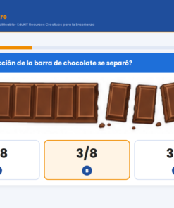 EduKIT Examen 1er Trimestre Primaria 4° | Evaluación Ilustrada y Recursos Digitales 11 Pregunta de un examen en línea de cuarto curso sobre qué fracción de una tableta de chocolate está separada; respuestas: 5/8, 3/8 (seleccionada) y 3/5.
