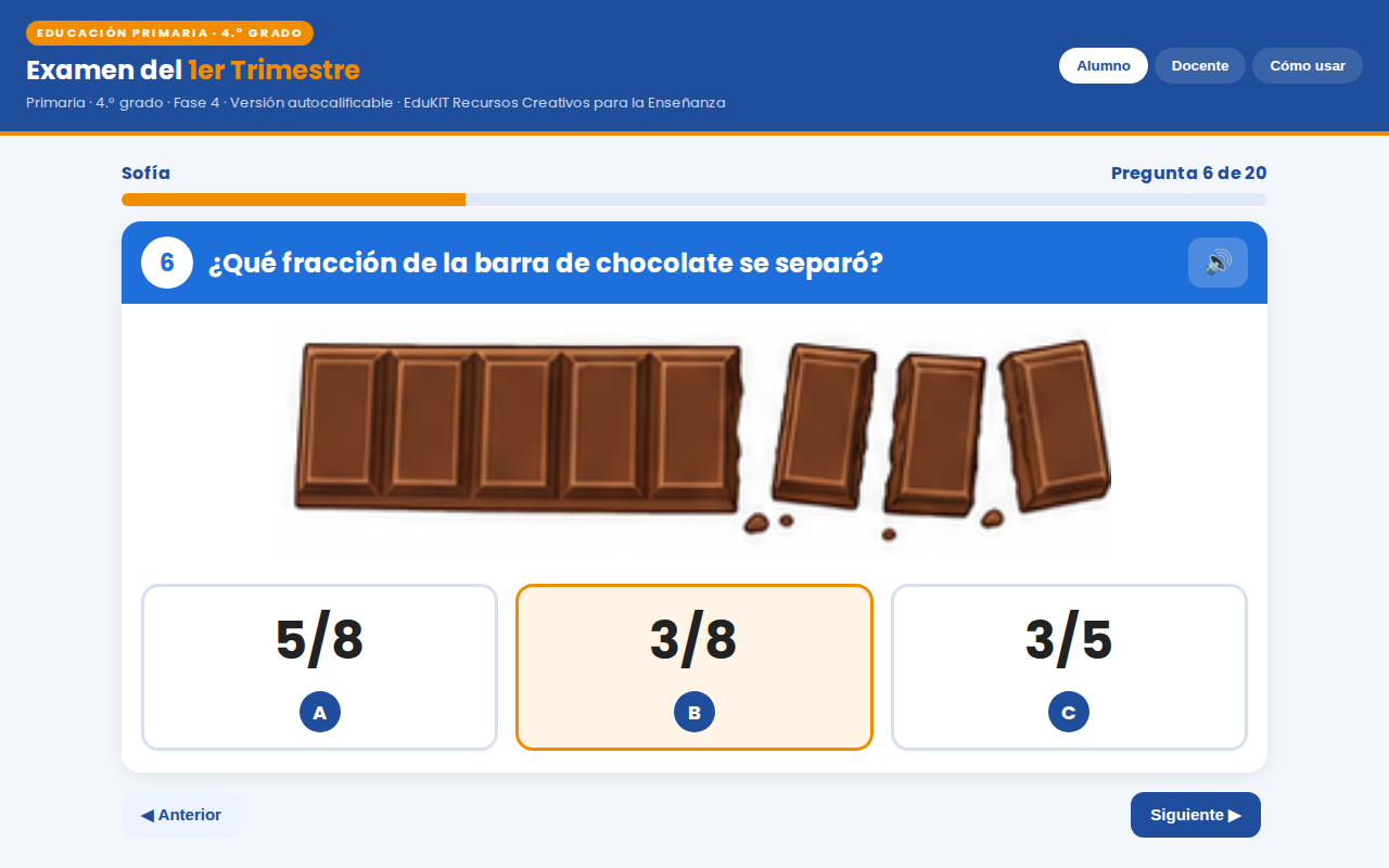 EduKIT Examen 1er Trimestre Primaria 4° | Evaluación Ilustrada y Recursos Digitales 5 Pregunta de un examen en línea de cuarto curso sobre qué fracción de una tableta de chocolate está separada; respuestas: 5/8, 3/8 (seleccionada) y 3/5.