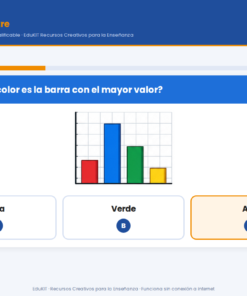 Examen 1er Trimestre Primaria 5° | Evaluación Ilustrada y Recursos Digitales 11 Gráfico de barras de color azul, rojo, verde y amarillo; la barra azul es la más alta y está seleccionada como respuesta.