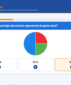 EduKIT Examen 1er Trimestre Primaria 6° | Evaluación Ilustrada y Recursos Digitales 11 Cuestionario digital sobre el porcentaje azul en un círculo; opciones: 25 %, 75 % y se selecciona el 50 %.