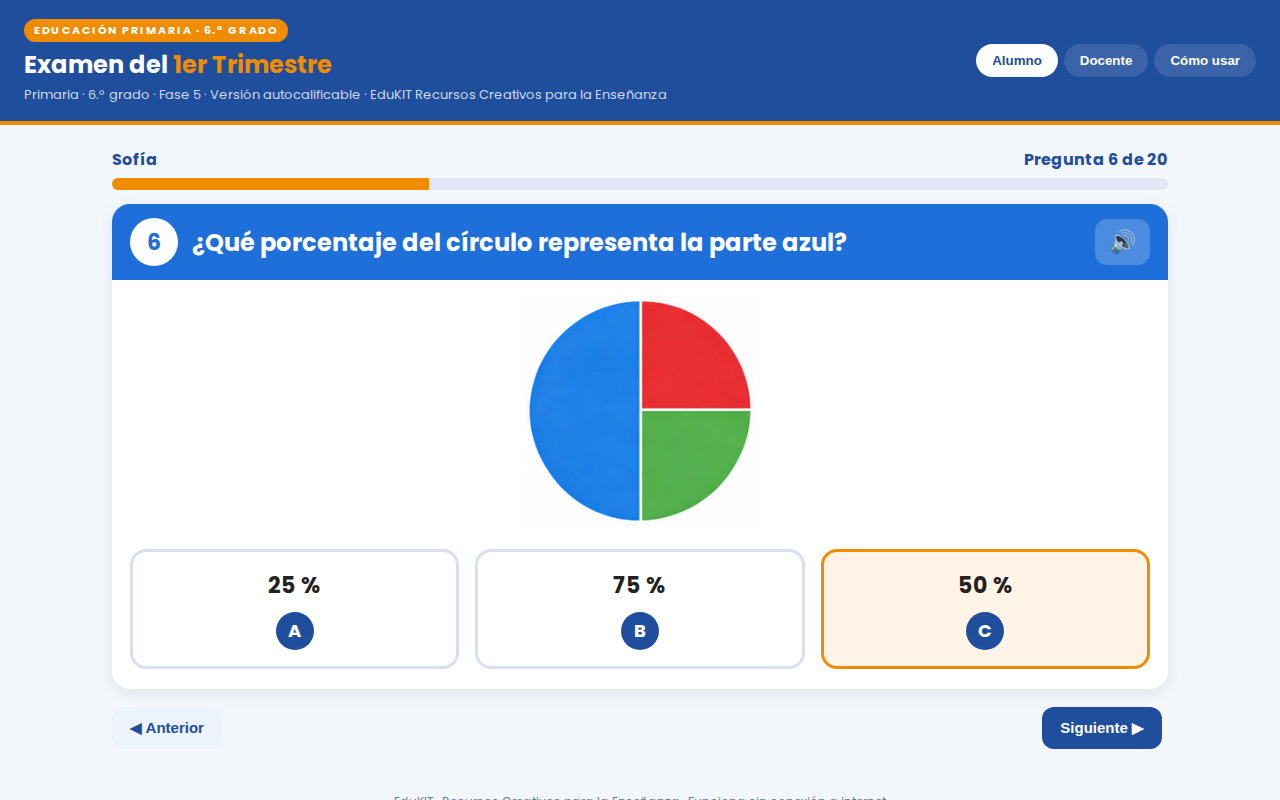 EduKIT Examen 1er Trimestre Primaria 6° | Evaluación Ilustrada y Recursos Digitales 5 Cuestionario digital sobre el porcentaje azul en un círculo; opciones: 25 %, 75 % y se selecciona el 50 %.