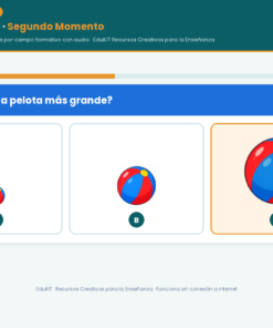EduKIT Evaluación Intermedia Preescolar 1° | Segundo Momento NEM Fase 2 11 Pregunta del test: «¿Cuál es la pelota más grande?», con tres pelotas; la opción C es la más grande y está resaltada en naranja.