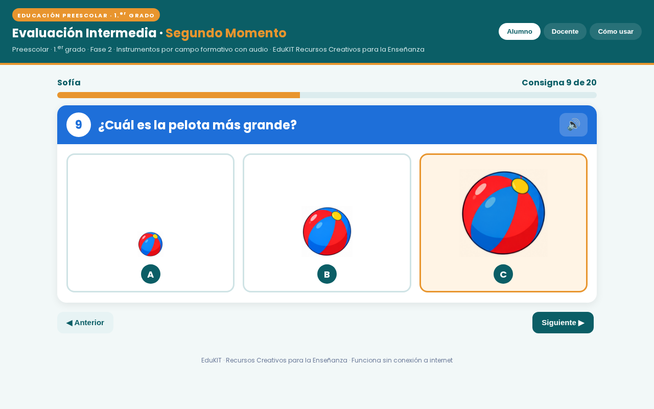 EduKIT Evaluación Intermedia Preescolar 1° | Segundo Momento NEM Fase 2 5 Pregunta del test: «¿Cuál es la pelota más grande?», con tres pelotas; la opción C es la más grande y está resaltada en naranja.
