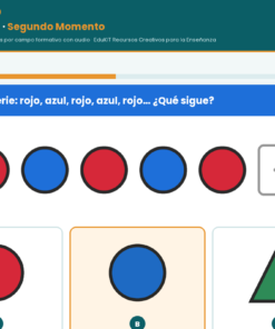 EduKIT Evaluación Intermedia Preescolar 2° | Segundo Momento NEM Fase 2 11 Secuencia de círculos: rojo, azul, rojo, azul, rojo. Se pregunta qué viene a continuación: ¿un círculo azul, un triángulo verde o un cuadrado rojo?.