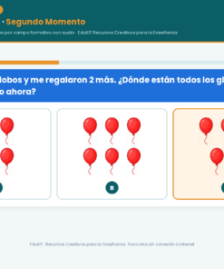 EduKIT Evaluación Intermedia Preescolar 3° | Segundo Momento NEM Fase 2 11 Pregunta interactiva: ¿Qué conjunto muestra 5 globos? Opciones: A (3 globos), B (4), C (5).