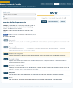 EduKIT para Reuniones con Padres de Familia | Formatos, Guiones, Presentación y Seguimiento 11 Agenda digital para reuniones familiares con temporizador, puntos a tratar y una sección destacada sobre la integración escolar en grupo.